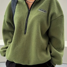 Resim Solid Zip Ön Peluş Kazak, Rahat Uzun Kollu Kazak, Kadın Giyim 