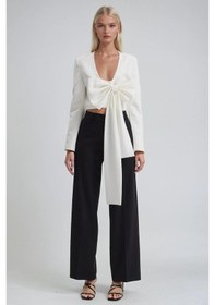 Resim Büyük Fiyonk Detaylı Derin V Yaka Crop Blazer Ceket 6188 Beyaz 