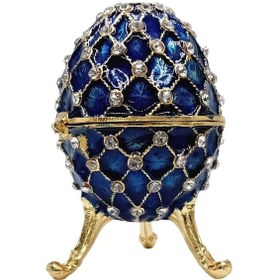 Resim Faberge Yumurta Swarovski Taşlı Lüks Mücevher Kutusu Mavi 10 cm 