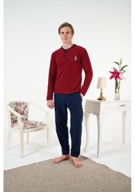 Resim Estiva Düz Renk Uzun Kol Polar Erkek Pijama Takım Bordo 