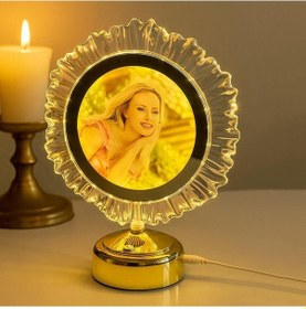 Resim Abajur Yatak Odası İçin Led Işıklı Fotoğraflı Çerçeve Kristal Yuvarlak Kişiye Özel Resimli Abajür Altın 