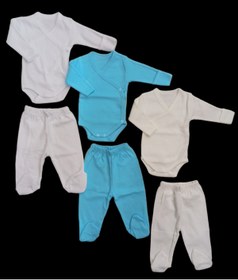 Resim özdemirli bebe Uzun Kollu Kendinden Eldiven Çıtçıtlı Kruvaze Badi Ve Patikli Alt ( 3 Takım Beyaz-turkuaz-krem) 