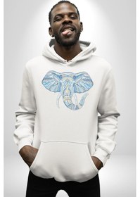 Resim Mandala Renkli Fil Kadın Erkek Beyaz Kapüşonlu Sweatshirt Hoodie Beyaz 