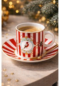 Resim Qerhome 2'li Retro Kuş Desenli Kırmızı Çizgili Türk Kahvesi Fincanı Seti 90 Cc Kırmızı - Gold 