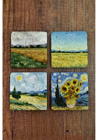 Resim Doğal Taş Bardak Altlığı - Van Gogh Aı Eserleri Baskılı 10x10cm Yapay Zeka Stone Coasters 483 Çok Renkli 
