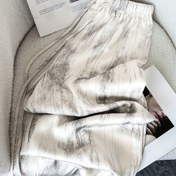 Resim Kadınların Çizgili Su Mürekkebi Desenli Buzlu Sliky Fiber Kumaş Saten Düz Geniş Bacaklı Pantolon, Bağcıklı Bel, Uzun Boy, Normal Beden, Tüm Mevsimler İçin, Bahar, Yaz, Sonbahar 