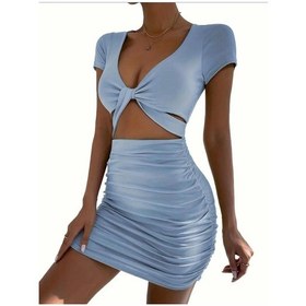 Resim Pink Life Bebe Mavi V Yaka Hollow Out Wrap Hip Kısa Kollu Mini Elbise-bebe Mavi Bebek Mavisi 
