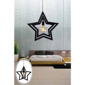 Resim Mediterian Modern çift fonksiyonlu yıldız avize, çocuk ve genç odası için, ahşap detaylı, siyah, 60x42 