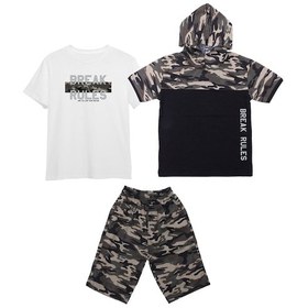 Resim Fyk Kids Erkek Çocuk 3'lü Kamuflaj Desenli Kapri-baskılı Tişört- Kamuflaj Desenli Sweatshirt Alt Üst Takım Haki 