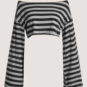 Resim Kadınlar için Şık Omuzları Açık Çizgili Crop Top - Günlük Polyester Karışımı, Makinede Yıkanabilir 