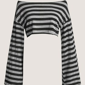 Resim Kadınlar için Şık Omuzları Açık Çizgili Crop Top - Günlük Polyester Karışımı, Makinede Yıkanabilir 