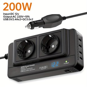 Resim 200W Araç Voltaj Dönüştürücü İnvertör DC 12V'den AC 220V'ye, 2 Çıkış Soketi ve 4 USB Hızlı Şarj Portu ile, Araç Fişi 2 EU Soketi, Dahili Soğutma Fanı, Araç Soketi Güç Kaynağı Modu, Seyahat için Uygun, Taşıması Kolay 
