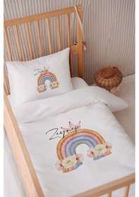 Resim %100 Pamuk Saten Isme Özel Isimli 100x150 Bebek Yatak Nevresim Seti Çiçekli Gökkuşağı 