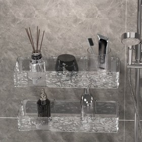 Resim 1 Adet Şık Kabartmalı Duvara Monte Banyo Depolama Rafı - Deliksiz, Dayanıklı Plastik Organizatör İki Raf ile Kozmetik, Şampuan, Havlular İçin - Modern Mermer Banyolar İçin Mükemmel, Banyo Organizatörü|Şık Modern Raf|Dekoratif Organizatör, Banyo Organizatörleri ve Depolama 