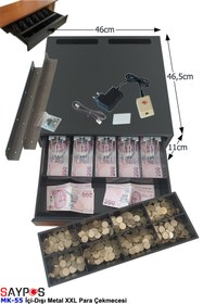 Resim SAYPOS Butonlu ve Askılı İç-Dış Ful Metal Ağır Yük Para Çekmecesi 5 Banknotlu Ekstra Büyük 46x46,5x11cm 