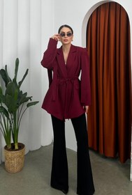 Resim msm fashion Kadın Oversize Blazer Ceket Bordo Kuşaklı Omuz Detaylı 