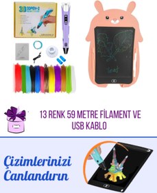Resim ORH Market Mor 3d Kalem & Pembe Tavşan Grafik Tablet Seti – 59 Metre Filament Ve Usb Kablo 