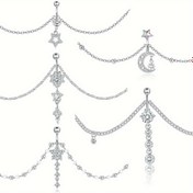 Resim 1pc Trendy 14G Paslanmaz Çelik Göbek Deliği Yüzüğü ile Bel Zinciri - Sentetik Zirkonya Pırlanta, Plaj Bikini için Casual Stil Vücut Zinciri Takı 
