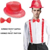 Resim Kırmızı Payetli Şapka ve Papyon Seti – Parıltılı Yetişkin Kostüm Seti 