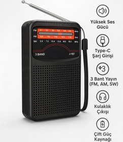Resim Voltico Taşınabilir 3 Bant Radyo – J-167 Modeli,Kulaklık Girişli, Type-C Şarj Girişli 