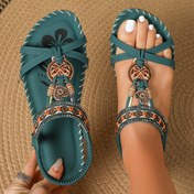 Resim Kadınlar için Kabile Tarzı Şeritli Düz Ayakkabılar, Yaz Plaj Kumu Ayakkabıları ile Rhinestone Vurgular, Açık Parmak Slip-on ile TPR Taban, Bohemian Casual Vintage Düz Topuk Ayakkabılar - Huizhou Üretimi 