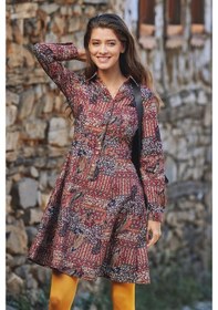 Resim Düğmeli Uzun Kollu Diz Boyu Gömlek Elbise (517481262) 