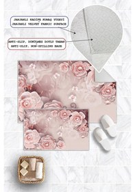 Resim Dijital Baskı Gül Desen Kaymaz Taban 2li Set Banyo Paspası Klozet Takımı 50x60cm-60x100cm Pembe 