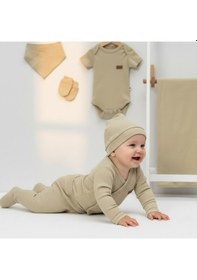 Resim Milays 0-3 Ay Bebeklere %100 Pamuk Çıtçıtlı Body Li Havlulu 7 Parçalı Zıbın Takımı Haki 