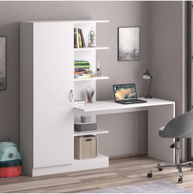 Resim Bicabin Narin Raflı Dolaplı Çalışma Masası Beyaz (DOLAP SOLDA) 