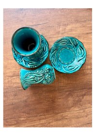 Resim El Yapımı Çini Seramik Kabartma Desenli 6'lı Turkuaz / Yeşil Çay Bardağı Seti Turkuaz 