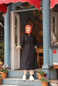 Resim Vibeys Collection Siyah İçi Çizgili Ve Kapüşonlu Su Geçirmez Kadın Trençkot 