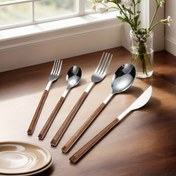 Resim 5 adet Paslanmaz Çelik Çatal Bıçak Seti - Ahşap Desenli Plastik Saplı Yansımalı Bıçak Seti Steak Bıçağı, Salata Çatalı, Tatlı Kaşığı, Yemek Kaşığı İçerir | Ev Yemek Odası Otel Düğün Parti Noel / Cadılar Bayramı Hediye Hazırlığı için Bulaşık Makinesinde Yıkanabilir Gümüş Çatal Bıçak Seti 
