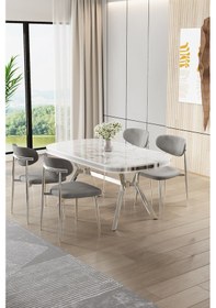 Resim Canisa Olya Serisi 90x168 Lak Panel Beyaz Mermer Desen Masa Takımı Krom Ayaklı 4 Gri Sandalye Beyaz Mermer Masa Gri Sandalye 