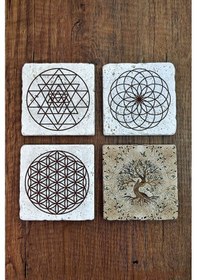 Resim Doğal Taş Bardak Altlığı Uv Baskılı 4'lü Set - Hayat Ağacı Yaşam Çiçeği Sri Yantra - Stone Coasters Çok Renkli 