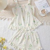 Resim Şık Omuzlu Çiçek Desenli Mini Pijama Takımı, Ruffled Hem ve Bağlama Detayı ile - Kadınlar için Yaz/Sonbahar/Şubat için Seksi İç Giyim, Rahat Polyester Karışımı, Hafif Bej, Çiçek Desenli Kumaş 