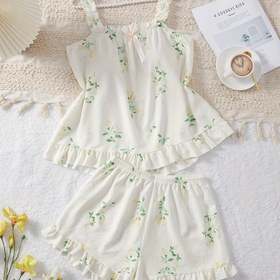 Resim Şık Omuzlu Çiçek Desenli Mini Pijama Takımı, Ruffled Hem ve Bağlama Detayı ile - Kadınlar için Yaz/Sonbahar/Şubat için Seksi İç Giyim, Rahat Polyester Karışımı, Hafif Bej, Çiçek Desenli Kumaş 