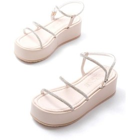 Resim 861-1008 Bej Gümüş Taşlı Dolgu Topuklu Kadın Sandalet Altın - Taba 