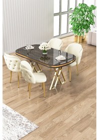 Resim Canisa Zae Serisi 90x168 Lak Panel Antrasit Ironi Gold Ayak Masa Takımı 4 Krem Sandalye Antrasit İroni Masa Krem Sandalye Ayaklar Gold 