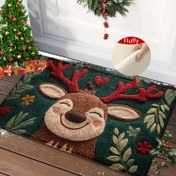 Resim Fluffy Christmas Deer Mikrofiber Banyo Matı - Hızlı Kuruyan ve Emici, Kırmızı Meyve ve Yeşil Yapraklarla Şenlikli Tatil Tasarımı, Mutfak ve Banyo Dekoru için Mükemmel, Makinede Yıkanabilir, Noel Banyo Dekoru 