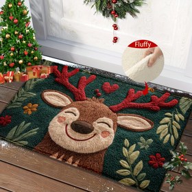 Resim Fluffy Christmas Deer Mikrofiber Banyo Matı - Hızlı Kuruyan ve Emici, Kırmızı Meyve ve Yeşil Yapraklarla Şenlikli Tatil Tasarımı, Mutfak ve Banyo Dekoru için Mükemmel, Makinede Yıkanabilir, Noel Banyo Dekoru 