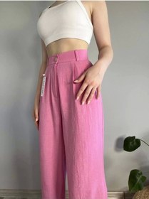 Resim Hazel Kadın Pembe Yüksek Bel Keten Palazzo Pantolon-pembe Pembe 