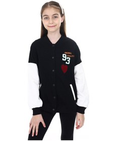 Resim Toontoy Kız Çocuk Kolej Yaka Çıtçıt Kapama Cepli Düşük Omuz Baskılı Renk Bloklu Örme Hırka - 2 İplik Şardonlu Siyah 