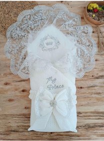 Resim Yenidoğan Pamuk Taç Benim Prensim Nakışlı Trilüks Kundak Bebek Battaniyesi Ekru Ekru 