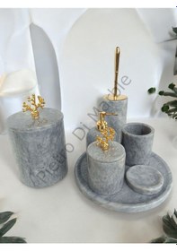 Resim Gri Mermer Klasik Model 7 Parça Gold Renk Mercan Aksesuarlı Banyo Seti Gri 