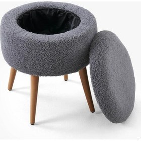 Resim Teddy Ahşap Ayaklı Sandıklı Yuvarlak Puf Makyaj Masası Pufu - Dekoratif Ayak Uzatma Pufu Gri 