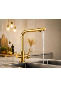 Resim 3 Yollu Musluk Su Arıtma Musluğu Gold Üç Yollu Çoklu Musluk Altın Rengi Mutfak Bataryası 