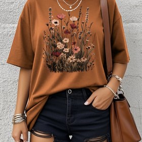 Resim Büyük Beden - Büyük Beden Kadınlar için Rahat T-Shirt, Canlı Çiçek ve Kelebek Baskısı - Yumuşak, Bol Kesim, Rahat Kısa Kollu Yuvarlak Yaka Üst, Bahar/Yaz/Sonbahar için, Bayanlar T-Shirt'leri 