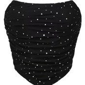 Resim Elegant Black Sequin Strapless Bandeau Top with Diamond Pattern - Yetişkin Moda için Mükemmel, Yetişkin Moda Üstü|Sequince Süslenmiş Üst|Askısız Tasarım 