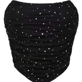 Resim Elegant Black Sequin Strapless Bandeau Top with Diamond Pattern - Yetişkin Moda için Mükemmel, Yetişkin Moda Üstü|Sequince Süslenmiş Üst|Askısız Tasarım 