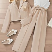 Resim Bahar ve Yaz Kız Modası Yeni Stil Yumuşak ve Zarif Çok Yönlü Çiçek Süslemesi Büyük Yaka Uzun Kollu Üst + Basit Tasarım İki Renkli Montajlı Jumpsuit + Aynı Renk Bel Günlük Rahatlık Dışarı Çıkış Partisi Orta ve Büyük Çocuklar Rahat Genç Kız Üç Parça Seti (Çantalar ve Diğer Aksesuarlar Dahil Değil), Açık Hava İçin 